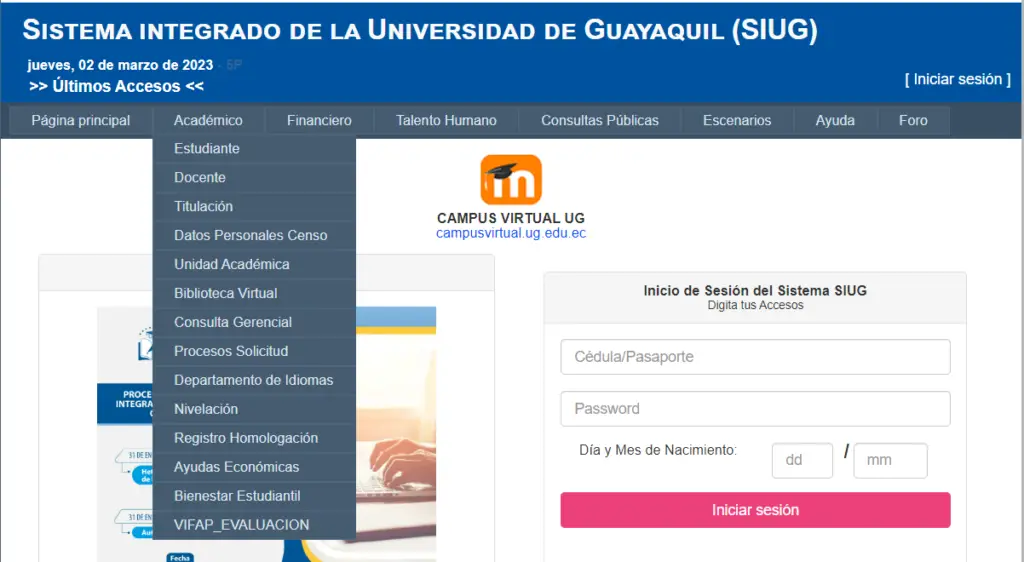 selección de la especialidad en SIUG Universidad de Guayaquil